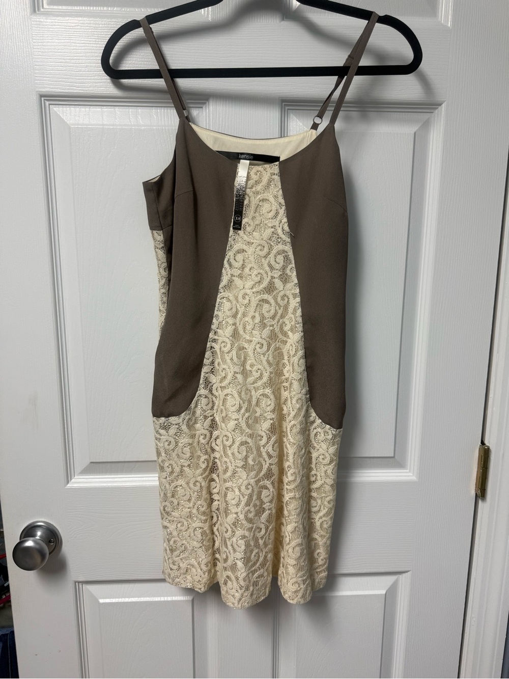 Kensie Cream Lace Panel Mini Dress with Brown Contrast